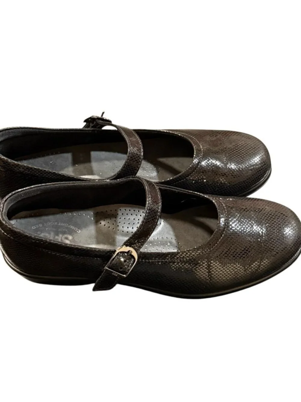 SAS Womens Size 7.5 Mary Jane Black Leather Snake Tripad Comfort EUC Flats Shoes